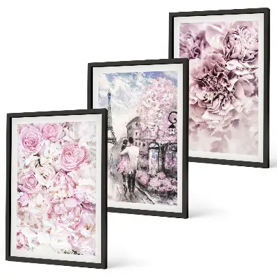 Conjunto de quadros para sala de estar com flores em tons de rosa na paisagem