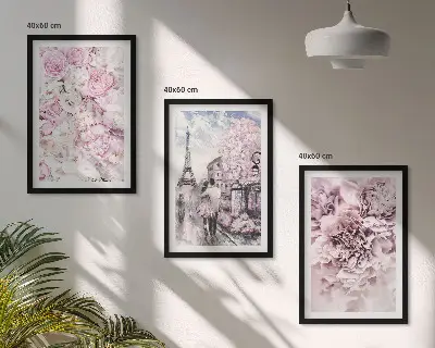 Conjunto de quadros para sala de estar com flores em tons de rosa na paisagem
