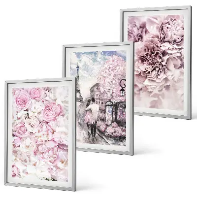 Conjunto de quadros para sala de estar com flores em tons de rosa na paisagem
