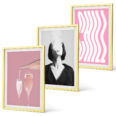 Conjunto de 3 quadros com moldura Retrato elegante com champanhe para relaxar