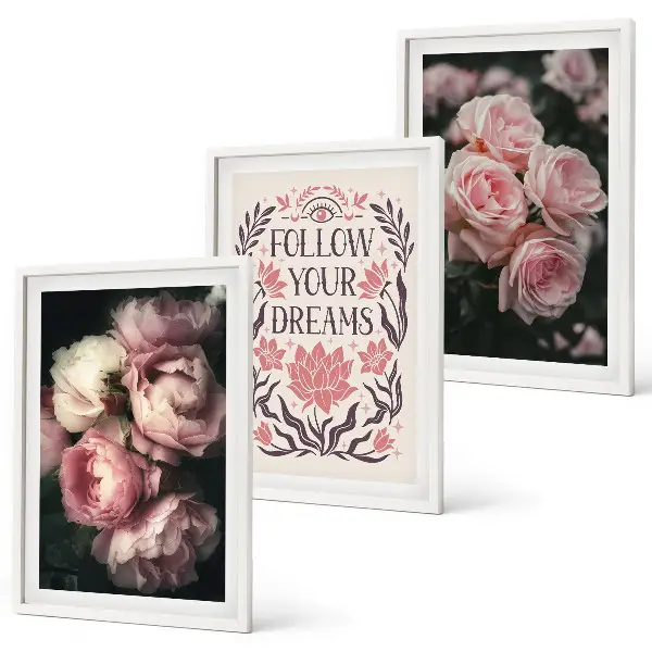 Conjunto de quadros para sala de estar com inscrição Sonhos com Rosas Vintage
