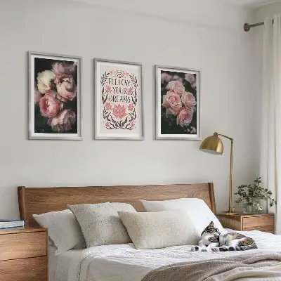 Conjunto de quadros para sala de estar com inscrição Sonhos com Rosas Vintage