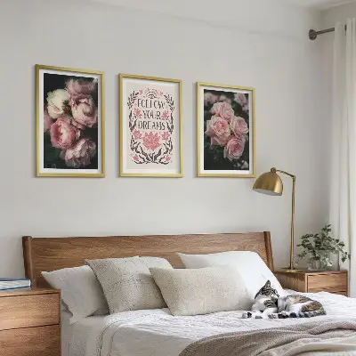Conjunto de quadros para sala de estar com inscrição Sonhos com Rosas Vintage