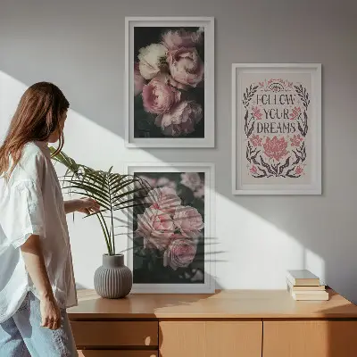 Conjunto de quadros para sala de estar com inscrição Sonhos com Rosas Vintage