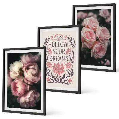 Conjunto de quadros para sala de estar com inscrição Sonhos com Rosas Vintage