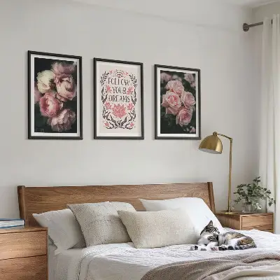 Conjunto de quadros para sala de estar com inscrição Sonhos com Rosas Vintage