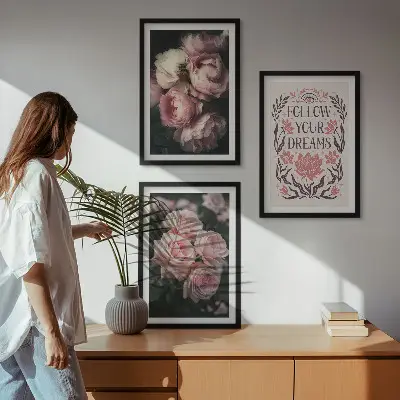 Conjunto de quadros para sala de estar com inscrição Sonhos com Rosas Vintage
