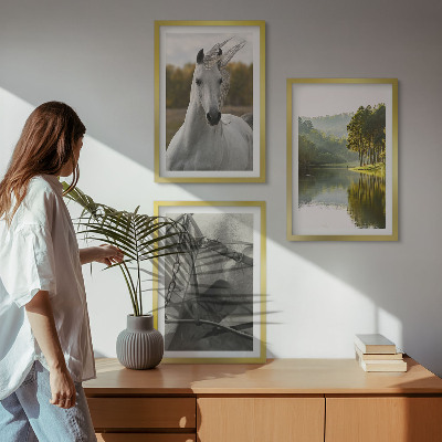 Conjunto de 3 quadros com moldura Rio dos Cavalos Brancos natureza