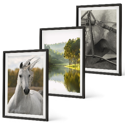 Conjunto de 3 quadros com moldura Rio dos Cavalos Brancos natureza