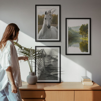 Conjunto de 3 quadros com moldura Rio dos Cavalos Brancos natureza