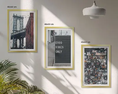 Conjunto de quadros para sala de estar com estampa de ponte, inscrições da cidade e vista aérea