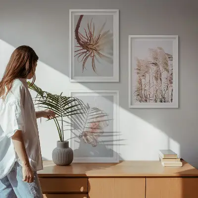 Conjunto de quadros para sala de estar com estampa de flores silvestres e fundo claro