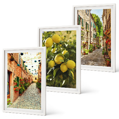 Conjunto de 3 quadros com moldura Ruas com flores de limão ao fundo