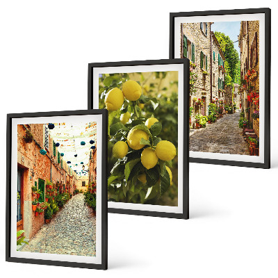 Conjunto de 3 quadros com moldura Ruas com flores de limão ao fundo