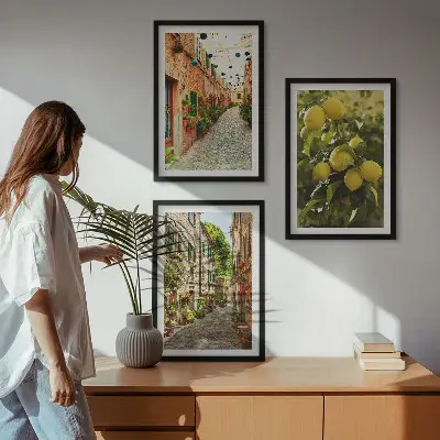 Conjunto de 3 quadros com moldura estampa de ruas com flores de limão ao fundo