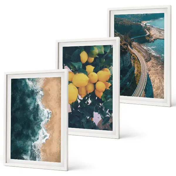 Composição de quadros moderna com praia, limões e montanhas