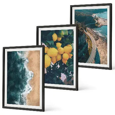 Composição de quadros moderna com praia, limões e montanhas