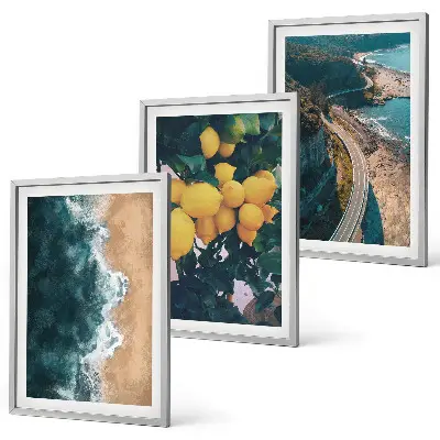 Composição de quadros moderna com praia, limões e montanhas