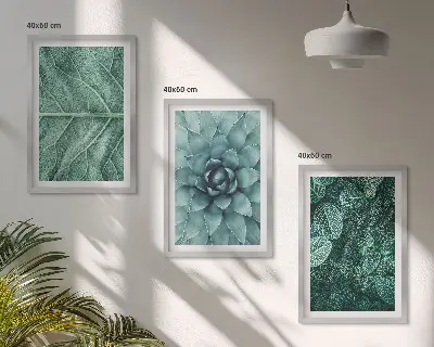 Conjunto de quadros para sala de estar com detalhe de folhas de planta