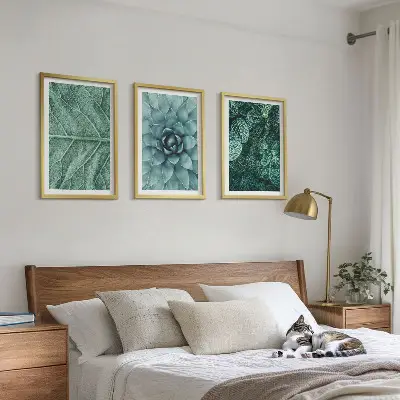 Conjunto de quadros para sala de estar com detalhe de folhas de planta