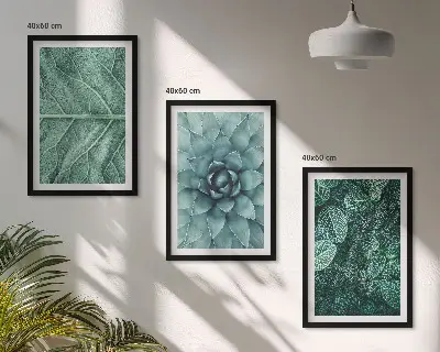 Conjunto de quadros para sala de estar com detalhe de folhas de planta