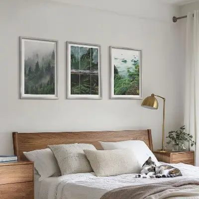Composição de quadros moderna neblina na floresta com margem do rio e estufa