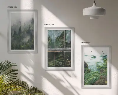 Composição de quadros moderna neblina na floresta com margem do rio e estufa