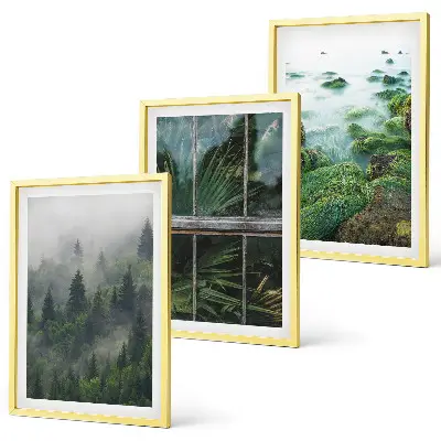 Composição de quadros moderna neblina na floresta com margem do rio e estufa