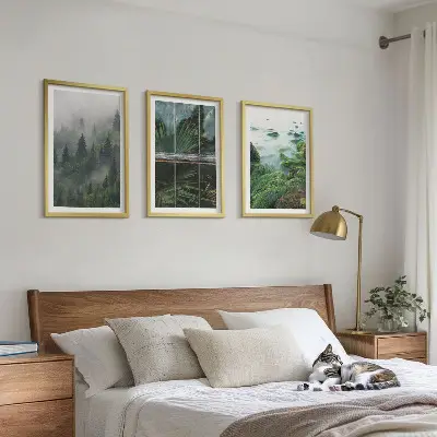 Composição de quadros moderna neblina na floresta com margem do rio e estufa