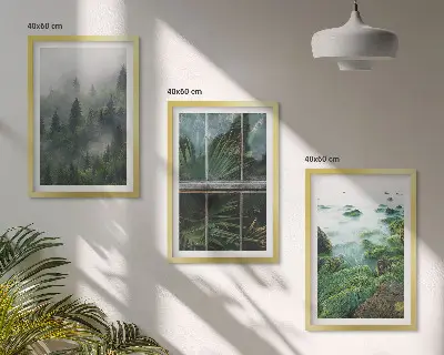Composição de quadros moderna neblina na floresta com margem do rio e estufa