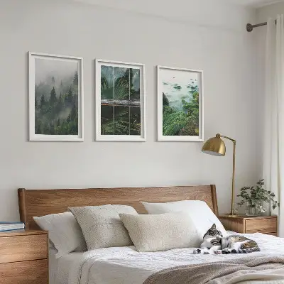 Composição de quadros moderna neblina na floresta com margem do rio e estufa