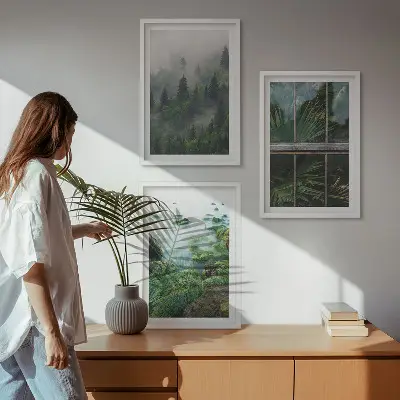 Composição de quadros moderna neblina na floresta com margem do rio e estufa