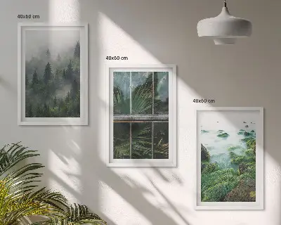 Composição de quadros moderna neblina na floresta com margem do rio e estufa