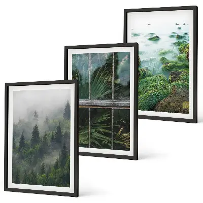 Composição de quadros moderna neblina na floresta com margem do rio e estufa