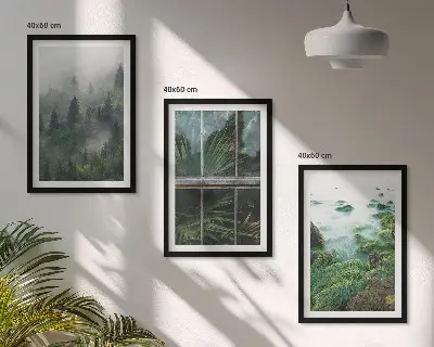 Composição de quadros moderna neblina na floresta com margem do rio e estufa