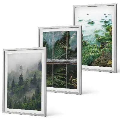 Composição de quadros moderna neblina na floresta com margem do rio e estufa