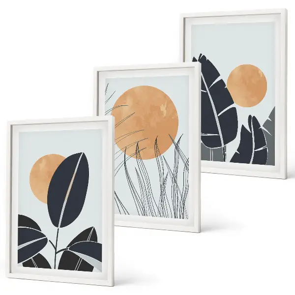 Conjunto de 3 quadros com moldura com padrões de plantas e sóis grandes minimalistas
