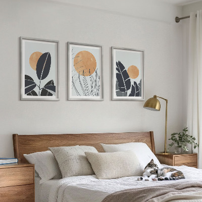 Conjunto de 3 quadros com moldura Padrões de plantas, sóis grandes, minimalistas
