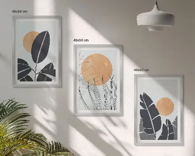Conjunto de 3 quadros com moldura com padrões de plantas e sóis grandes minimalistas
