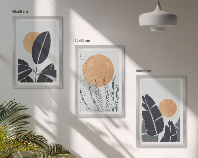 Conjunto de 3 quadros com moldura Padrões de plantas, sóis grandes, minimalistas