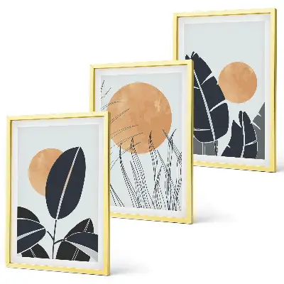 Conjunto de 3 quadros com moldura com padrões de plantas e sóis grandes minimalistas