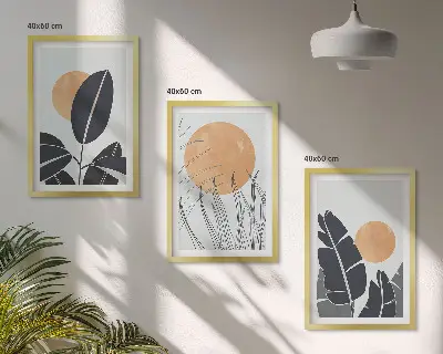 Conjunto de 3 quadros com moldura com padrões de plantas e sóis grandes minimalistas