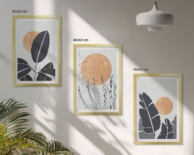 Conjunto de 3 quadros com moldura Padrões de plantas, sóis grandes, minimalistas