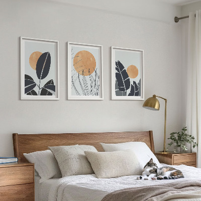 Conjunto de 3 quadros com moldura Padrões de plantas, sóis grandes, minimalistas