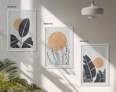 Conjunto de 3 quadros com moldura com padrões de plantas e sóis grandes minimalistas
