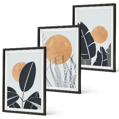 Conjunto de 3 quadros com moldura com padrões de plantas e sóis grandes minimalistas