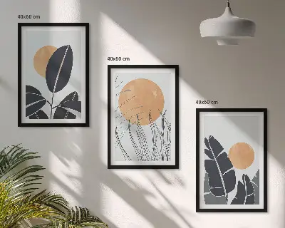 Conjunto de 3 quadros com moldura com padrões de plantas e sóis grandes minimalistas