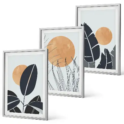 Conjunto de 3 quadros com moldura com padrões de plantas e sóis grandes minimalistas