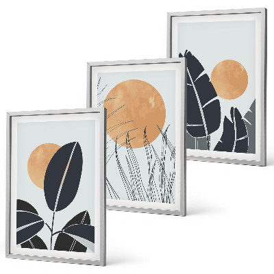 Conjunto de 3 quadros com moldura Padrões de plantas, sóis grandes, minimalistas