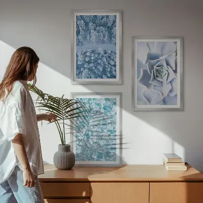 Conjunto de quadros para sala de estar com estampa de água azul e flor de floresta de inverno